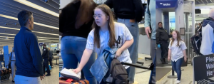 collage of photos of Penny going through airpot security by herself and Peter watching closely