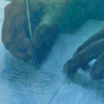 a person writing on a piece of paper, with a pen in one hand and the other hand resting nearby. The scene has a textured, overlay effect with shades of blue and green, giving it an artistic and contemplative atmosphere