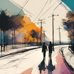 A digital painting depicts two people walking along a curved road lined with utility poles and trees. The scene is infused with an abstract and expressive style, featuring bold brushstrokes and a blend of warm and cool tones—vibrant oranges and yellows contrast with deep blues and purples. The figures cast long shadows on the reflective surface of the road, suggesting early morning or late afternoon light. The sky and background elements are loosely defined, with intersecting lines adding movement and energy to the composition.