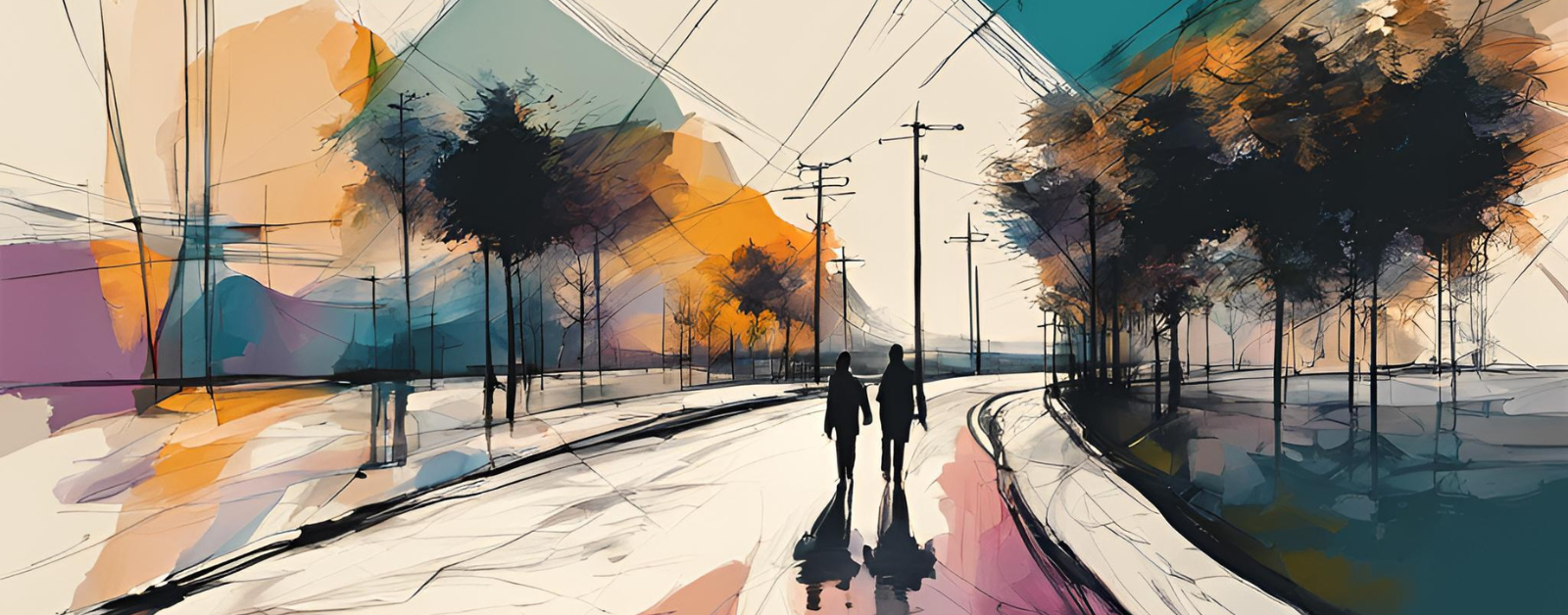 A digital painting depicts two people walking along a curved road lined with utility poles and trees. The scene is infused with an abstract and expressive style, featuring bold brushstrokes and a blend of warm and cool tones—vibrant oranges and yellows contrast with deep blues and purples. The figures cast long shadows on the reflective surface of the road, suggesting early morning or late afternoon light. The sky and background elements are loosely defined, with intersecting lines adding movement and energy to the composition.