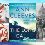 a collage of five book covers. From left to right: A book cover featuring a blonde woman in a light-colored blazer sitting on a couch. The title and author are partially obscured. "One of Us Is Lying" by Karen M. McManus. The cover has a red title with a handwritten style over images of four students with their faces obscured. "The Long Call" by Ann Cleeves. A blue-toned cover with an image of a coastal landscape, featuring a house and birds flying overhead. A black-and-white historical photograph of people with disabilities protesting, one holding a sign that says, "We shall overcome." A bright orange cover with large white and red text reading "Good Faith," accompanied by the authors’ names, Curtis and another partially hidden name.