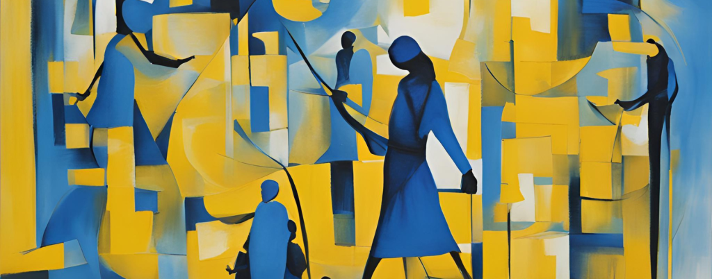 Abstract painting with human figures in blue, set against a geometric background of yellow and white. The figures appear engaged in movement or interaction, with elongated forms and flowing garments. The composition blends cubist and modernist styles, creating a sense of depth and fluidity.