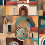 This image is a digital painting with a cubist-inspired abstract design. It features fragmented architectural elements such as arches, towers, and domes in warm earth tones of brown, beige, and ochre, contrasted with cool blues. Some circular and reflective elements add depth and dimension, giving the composition a surreal quality. The style resembles a fusion of modern abstraction with historical architecture, creating a dreamlike cityscape.