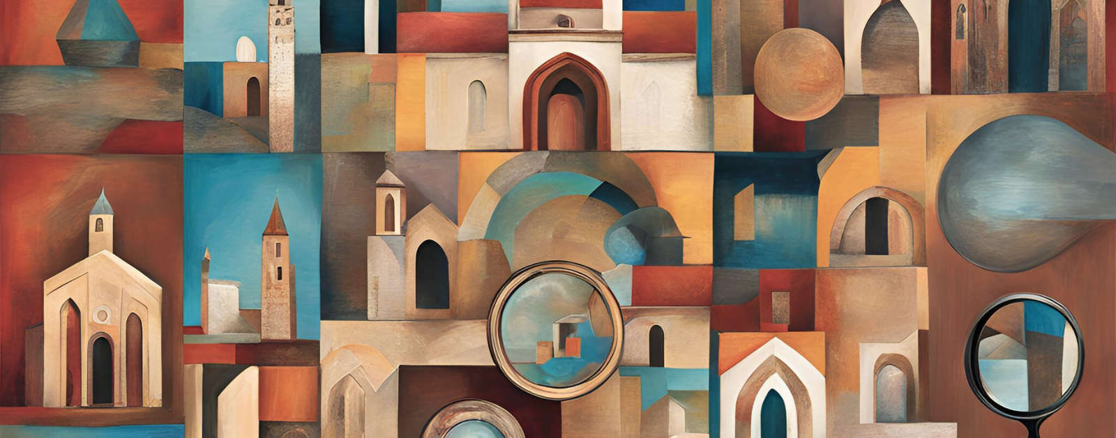 This image is a digital painting with a cubist-inspired abstract design. It features fragmented architectural elements such as arches, towers, and domes in warm earth tones of brown, beige, and ochre, contrasted with cool blues. Some circular and reflective elements add depth and dimension, giving the composition a surreal quality. The style resembles a fusion of modern abstraction with historical architecture, creating a dreamlike cityscape.