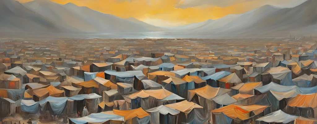 A vast refugee camp stretches across a valley, filled with countless makeshift tents in shades of orange, blue, and brown. The tents are densely packed and blend into the dusty, earth-toned landscape. In the background, mountains rise under a golden-hued sky, with a distant body of water reflecting the light