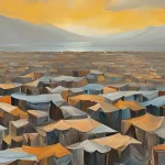 A vast refugee camp stretches across a valley, filled with countless makeshift tents in shades of orange, blue, and brown. The tents are densely packed and blend into the dusty, earth-toned landscape. In the background, mountains rise under a golden-hued sky, with a distant body of water reflecting the light