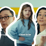 A diverse group of people with disabilities, including individuals using wheelchairs, a person with Down syndrome, and a little person in scrubs, are depicted in a vibrant setting with a yellow background. They are outlined in white and engaged in various actions such as speaking, gesturing, and holding objects like a clothing hanger.
