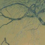 A woodblock print depicting a serene Japanese landscape with a body of water, trees, and distant mountains under a cloudy sky.