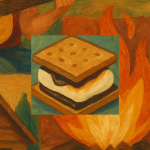 A stylized painting featuring scenes of a camping trip. In the center, there is a close-up of a s'more with graham crackers, melted chocolate, and toasted marshmallow. Surrounding it are illustrations of a person playing guitar, a campfire, a rolled-up sleeping bag, a log cabin, and a white chapel