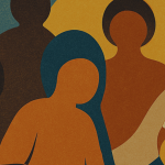 Stylized illustration of diverse, abstract human figures in warm and cool tones sitting closely together, symbolizing unity and connection.