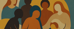 Stylized illustration of diverse, abstract human figures in warm and cool tones sitting closely together, symbolizing unity and connection.