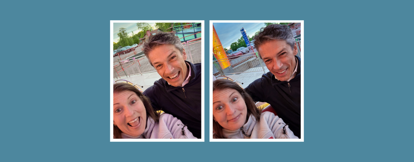 selfies of AJ and Peter at an amusement park