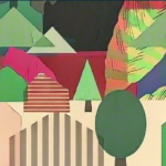 Abstract illustration of a colorful neighborhood with overlapping geometric shapes representing houses, trees, and rooftops. The color palette includes shades of green, red, blue, and beige, with some elements featuring stripes or textured patterns. The overall style is flat and collage-like, giving a whimsical and artistic impression of a community.