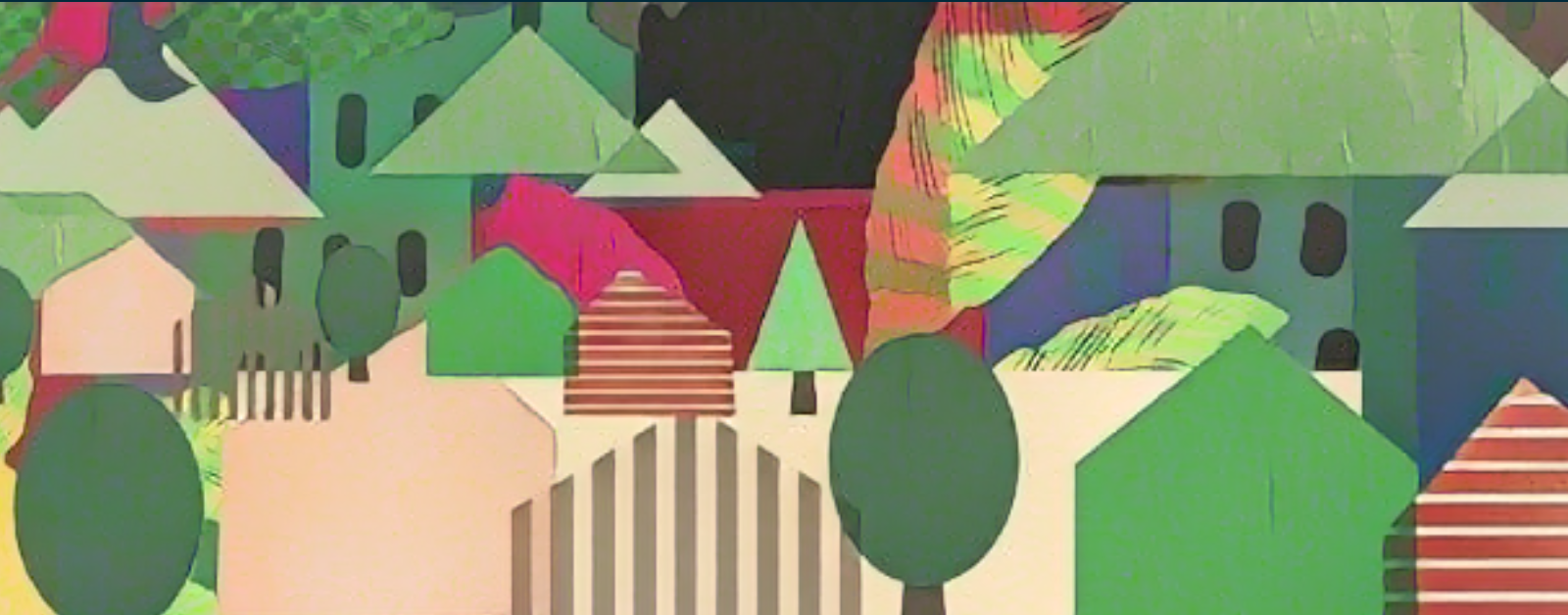 Abstract illustration of a colorful neighborhood with overlapping geometric shapes representing houses, trees, and rooftops. The color palette includes shades of green, red, blue, and beige, with some elements featuring stripes or textured patterns. The overall style is flat and collage-like, giving a whimsical and artistic impression of a community.