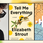 A collage featuring six vertical panels. From left to right: 1) An abstract illustration of a hand with glowing string lights against a soft orange and purple background. 2) A black-and-white photo of a man in sunglasses and a suit looking down. 3) The book cover of Tell Me Everything by Elizabeth Strout, with a bird on a branch and yellow dots; labeled as part of Oprah's Book Club. 4) An abstract design with textured geometric patterns and a white soundwave icon. 5) A smiling woman with short blonde hair in a blue top. 6) A small inset of the Everything Happens podcast cover featuring host Kate Bowler.