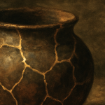 A dark, earthy-toned image of a cracked clay pot with gold-filled seams (in the style of kintsugi) sits against a textured background.