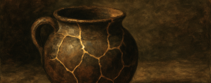A dark, earthy-toned image of a cracked clay pot with gold-filled seams (in the style of kintsugi) sits against a textured background.