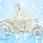A delicate, ornate gold carriage shaped like a pumpkin sits in the center of a sparkling, snowy blue background. The carriage has intricate scrollwork wheels and a shimmering, fairytale-like appearance, evoking imagery from Cinderella. Soft white lights and bokeh effects surround it, adding a magical, wintery atmosphere.