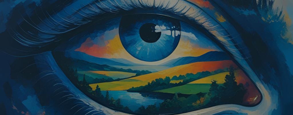 a painting of an eye with a landscape in the background