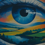 a painting of an eye with a landscape in the background