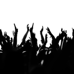 black and white graphic of many hands raised in the air