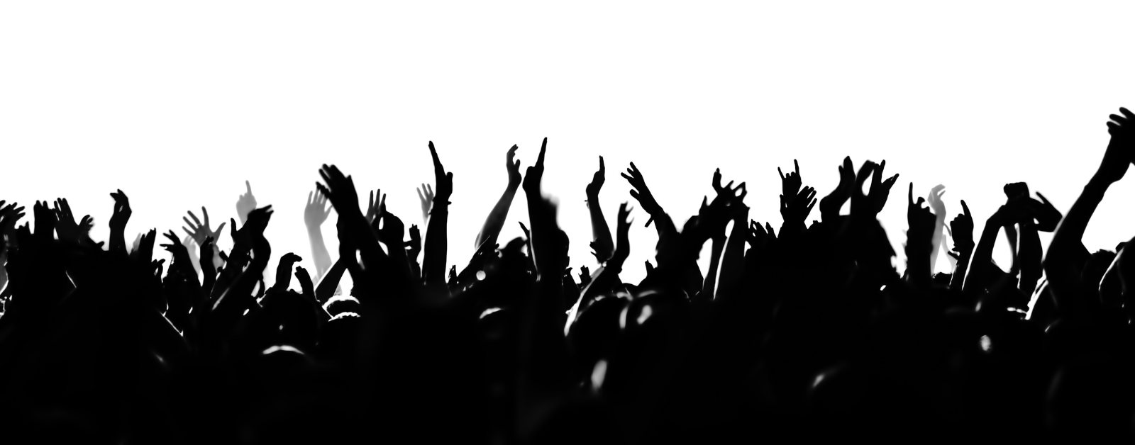 black and white graphic of many hands raised in the air