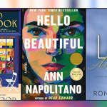 A row of five covers displayed side by side. From left to right: A stylized illustration of abstract human figures interacting with oversized, open books against colorful backgrounds. How to Read a Book by Monica Wood, featuring a cozy bookshop storefront with a cat, table, and chairs outside. Hello Beautiful by Ann Napolitano, showing a close-up, colorful painted portrait of a woman’s face. Life, Animated by Ron Suskind, with a serene blue background and silhouettes of two people swinging above the title. How to Slow Down and be a Peaceful Presence When Tensions are High, a Christian leadership guide, with minimalist design featuring circular cutouts of nature imagery.