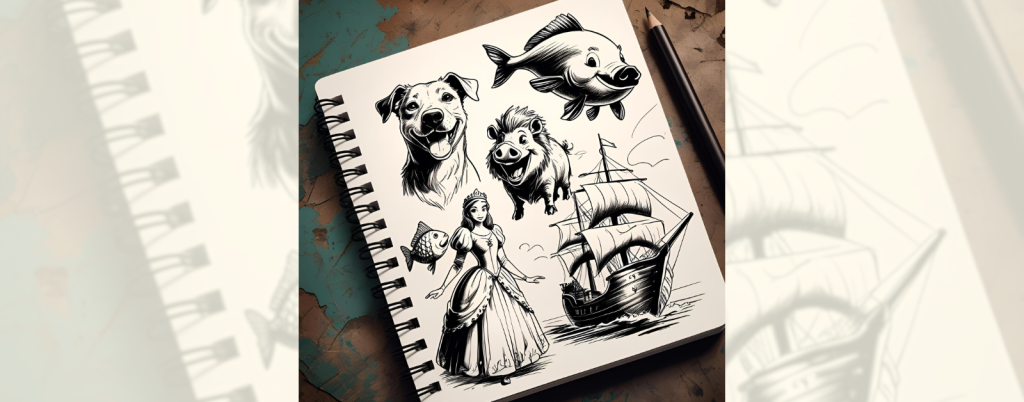 sketch pad with sketches of animated characters from movies