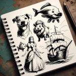 sketch pad with sketches of animated characters from movies