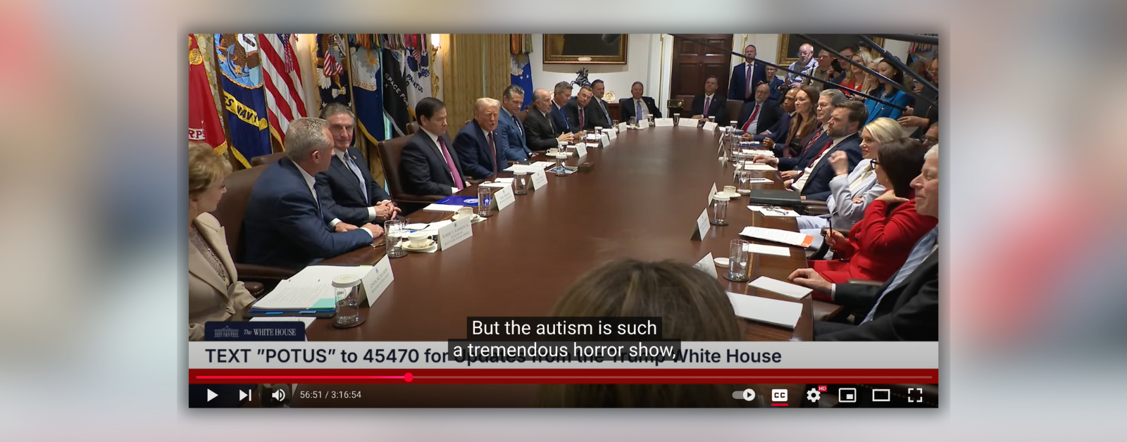 screenshot of Trump's televised cabinet meeting where he calls autism a "horror show"