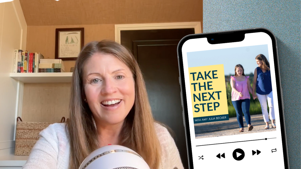 Amy Julia smiles while speaking into a white Snowball microphone, seated in a home office with bookshelves behind her. Next to her is an image of a smartphone screen displaying the cover of the podcast Take the Next Step with Amy Julia Becker, showing Amy Julia walking outdoors holding hands with her daughter, who has Down syndrome. Amy Julia smiles while speaking into a white Snowball microphone, seated in a home office with bookshelves behind her. Next to her is an image of a smartphone screen displaying the cover of the podcast Take the Next Step with Amy Julia Becker, showing Amy Julia walking outdoors holding hands with her daughter, who has Down syndrome.