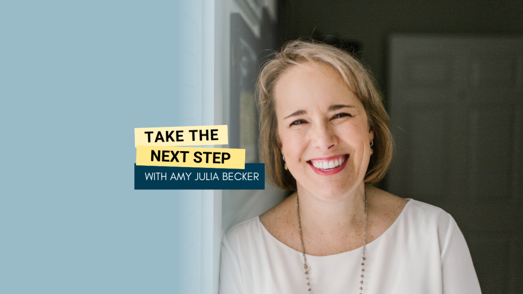 Sissy Goff poses for a portrait. Bold text in yellow text boxes near the middle of the photo says Take the Next Step.