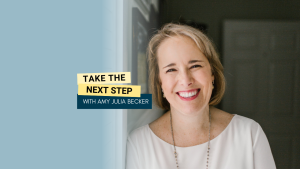 Sissy Goff poses for a portrait. Bold text in yellow text boxes near the middle of the photo says Take the Next Step.