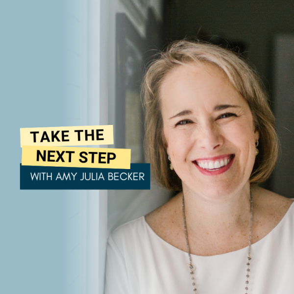 Sissy Goff poses for a portrait. Bold text in yellow text boxes near the middle of the photo says Take the Next Step.