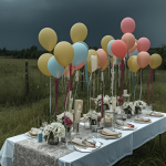 a party table set up outside with balloons. there are storm clouds in the background