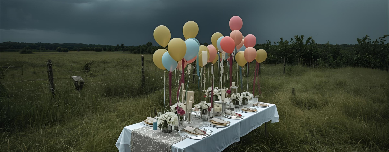 a party table set up outside with balloons. there are storm clouds in the background