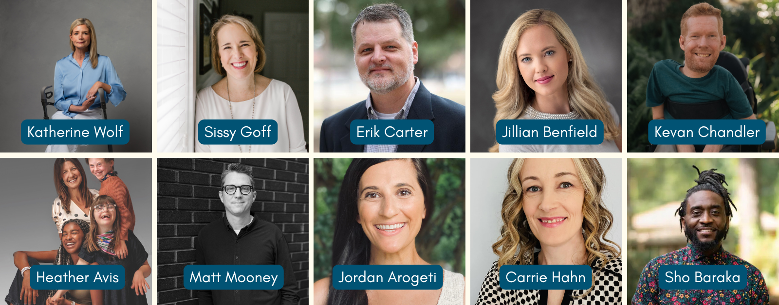 A promotional graphic titled “Take the Next Step” featuring headshots of ten speakers arranged in two rows. Top row: Katherine Wolf, Sissy Goff, Erik Carter, Jillian Benfield, Kevan Chandler. Bottom row: Heather Avis, Matt Mooney, Jordan Arogeti, Carrie Hahn, Sho Baraka. Each person’s name is displayed in a blue label below their photo.