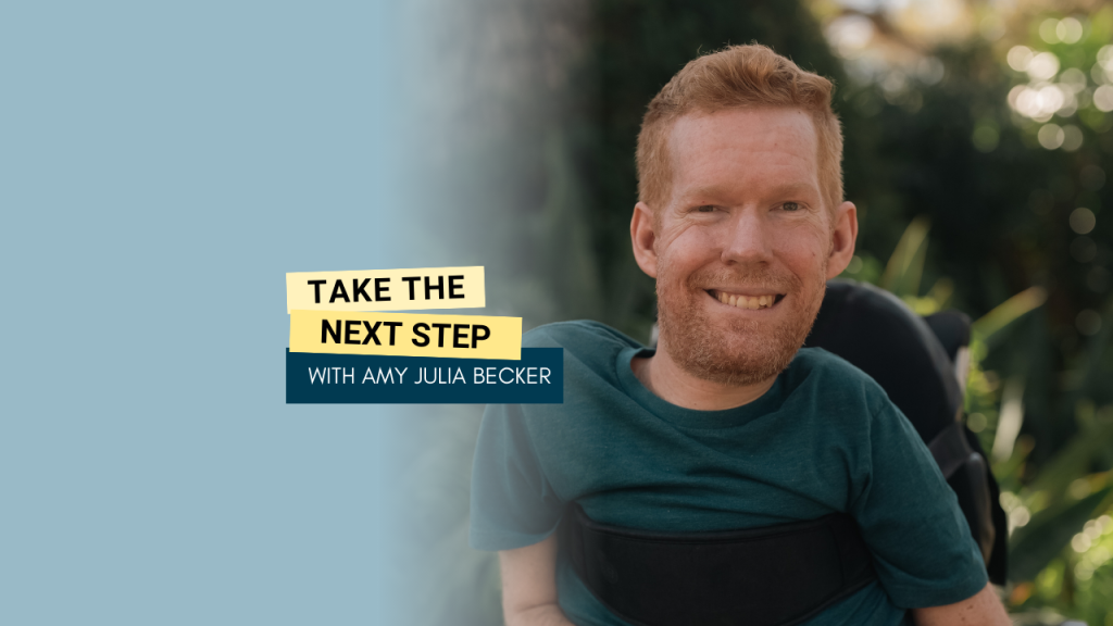 Kevan Chandler poses for a portrait. Bold text in yellow text boxes near the middle of the photo says Take the Next Step.