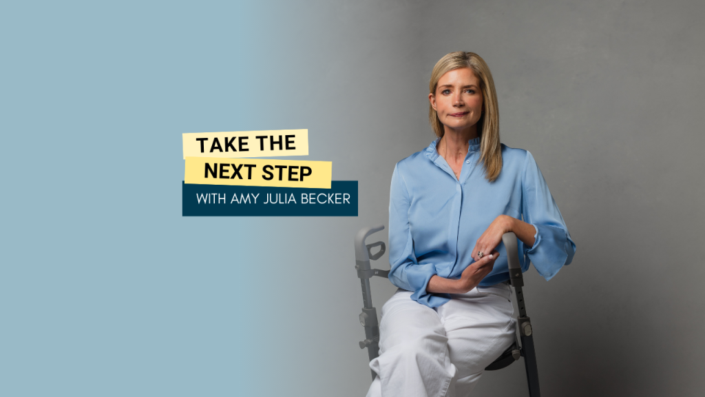 Katherine Wolf poses for a formal portrait while sitting on her walker; Bold text in yellow text boxes near the middle of the photo says Take the Next Step.