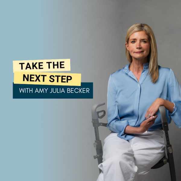 Katherine Wolf poses for a formal portrait while sitting on her walker; Bold text in yellow text boxes near the middle of the photo says Take the Next Step.