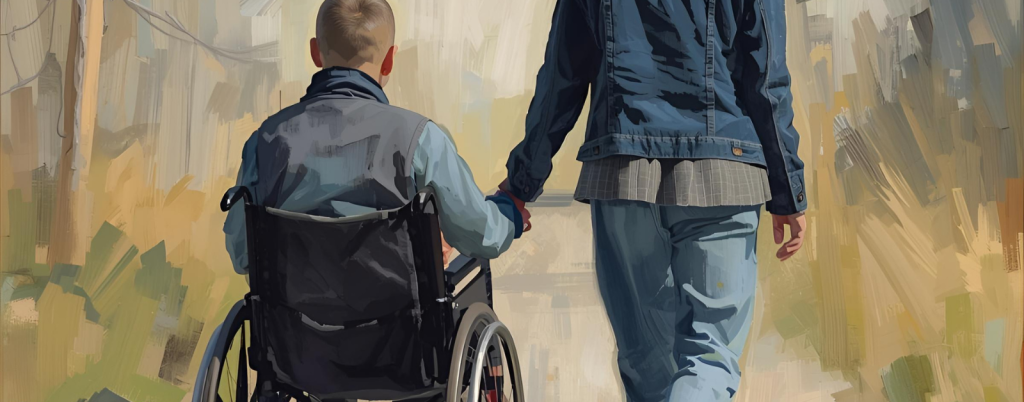 painting of two people holding downs moving down a path. One person is walking and one is using a wheelchair