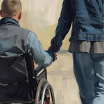 painting of two people holding downs moving down a path. One person is walking and one is using a wheelchair
