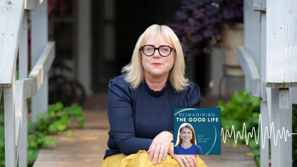 Portrait of Karen Swallow Prior with the Reimagining the Good Life with Amy Julia Becker podcast logo at the bottom with sound waves extending to the right of it.