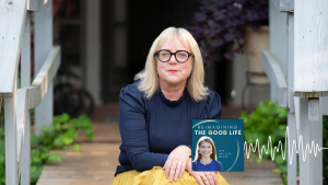 Portrait of Karen Swallow Prior with the Reimagining the Good Life with Amy Julia Becker podcast logo at the bottom with sound waves extending to the right of it.