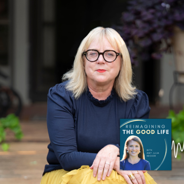 Portrait of Karen Swallow Prior with the Reimagining the Good Life with Amy Julia Becker podcast logo at the bottom with sound waves extending to the right of it.