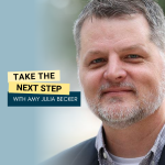Erik Carter poses for a portrait. Bold text in yellow text boxes near the middle of the photo says Take the Next Step.