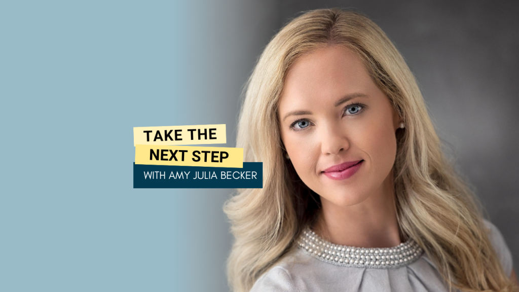 Jillian Benfield poses for a portrait. Bold text in yellow text boxes near the middle of the photo says Take the Next Step.