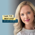 Jillian Benfield poses for a portrait. Bold text in yellow text boxes near the middle of the photo says Take the Next Step.