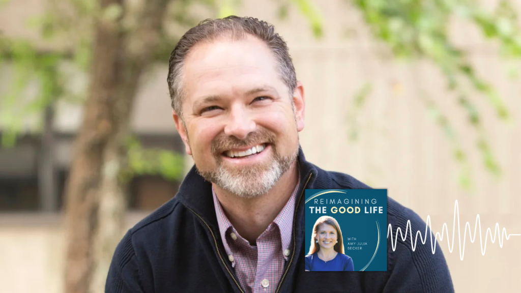 A smiling Kelly Kapic sits outdoors. In the lower right corner is the cover of the “Reimagining the Good Life with Amy Julia Becker” podcast, along with a white audio waveform graphic.