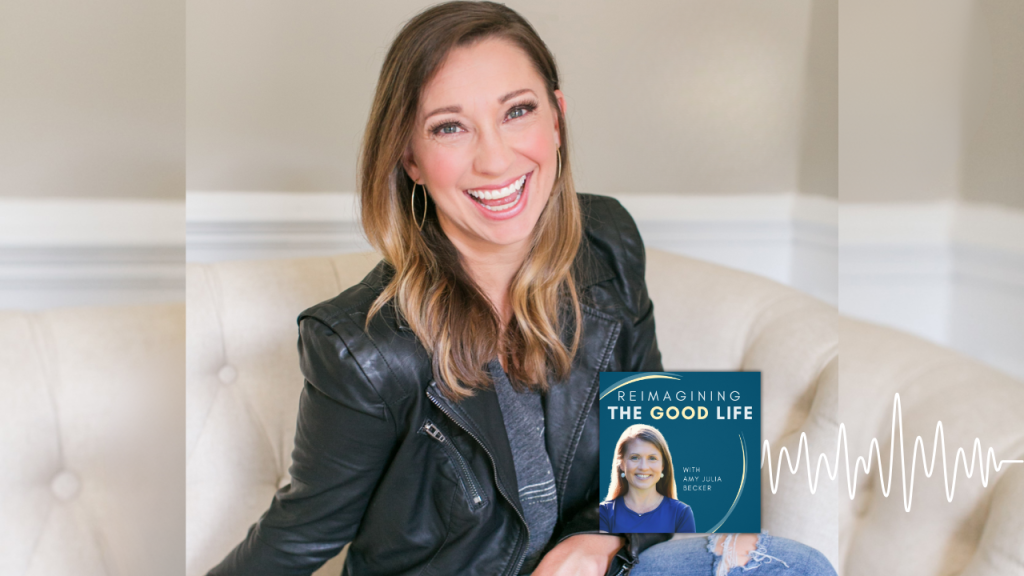 A smiling Sharon Hodde Miller sits on a couch. In the lower right corner is the cover of the “Reimagining the Good Life with Amy Julia Becker” podcast, along with a white audio waveform graphic.